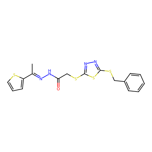 2-{[5-(benzylsulfanyl)-1,3,4-thiadiazol-2-yl]sulfanyl}-N'-[(1E)-1-(thiophen-2-yl)ethylidene]acetohydrazide structure