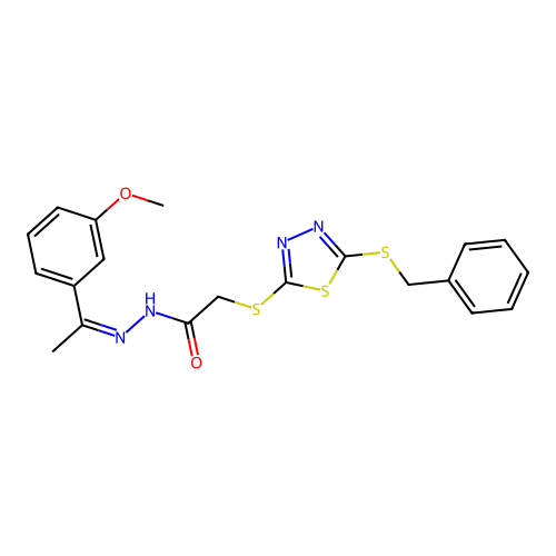(Z)-2-((5-(benzylthio)-1,3,4-thiadiazol-2-yl)thio)-N'-(1-(3-methoxyphenyl)ethylidene)acetohydrazide structure