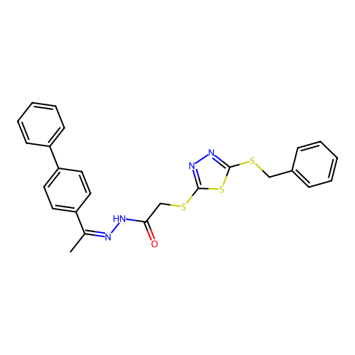 (Z)-N'-(1-([1,1'-biphenyl]-4-yl)ethylidene)-2-((5-(benzylthio)-1,3,4-thiadiazol-2-yl)thio)acetohydrazide structure