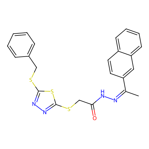 (Z)-2-((5-(benzylthio)-1,3,4-thiadiazol-2-yl)thio)-N'-(1-(naphthalen-2-yl)ethylidene)acetohydrazide structure