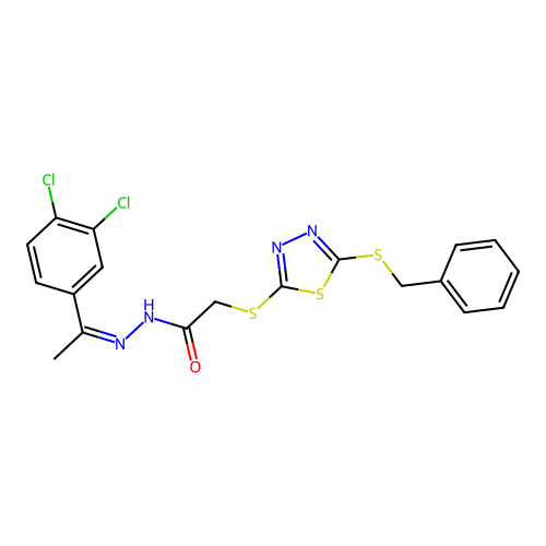 (Z)-2-((5-(benzylthio)-1,3,4-thiadiazol-2-yl)thio)-N'-(1-(3,4-dichlorophenyl)ethylidene)acetohydrazide structure