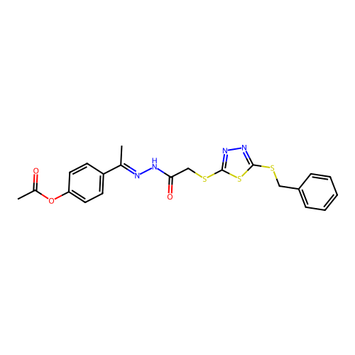 4-(N-(((5-(Benzylthio)1,3,4-thiadiazol-2-YL)thio)AC)ethanehydrazonoyl)PH acetate structure