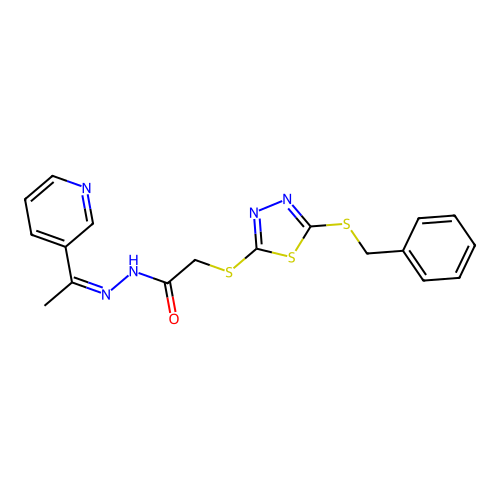 (Z)-2-((5-(benzylthio)-1,3,4-thiadiazol-2-yl)thio)-N'-(1-(pyridin-3-yl)ethylidene)acetohydrazide structure