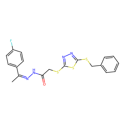 (Z)-2-((5-(benzylthio)-1,3,4-thiadiazol-2-yl)thio)-N'-(1-(4-fluorophenyl)ethylidene)acetohydrazide structure