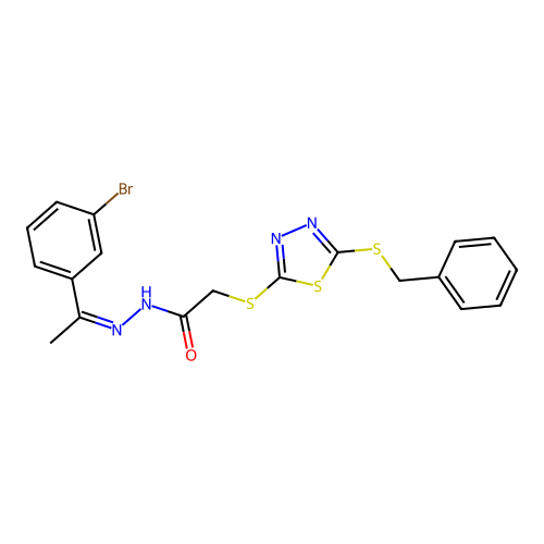 (Z)-2-((5-(benzylthio)-1,3,4-thiadiazol-2-yl)thio)-N'-(1-(3-bromophenyl)ethylidene)acetohydrazide structure