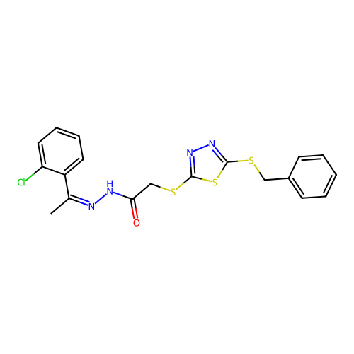 (Z)-2-((5-(benzylthio)-1,3,4-thiadiazol-2-yl)thio)-N'-(1-(2-chlorophenyl)ethylidene)acetohydrazide structure
