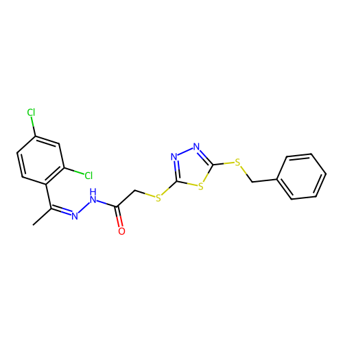 (Z)-2-((5-(benzylthio)-1,3,4-thiadiazol-2-yl)thio)-N'-(1-(2,4-dichlorophenyl)ethylidene)acetohydrazide structure