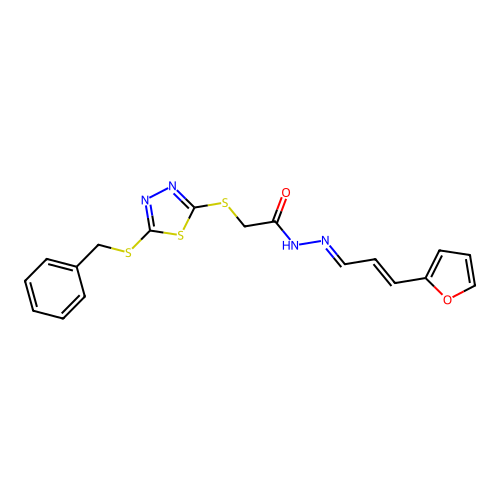 (5-Benzylsulfanyl-[1,3,4]thiadiazol-2-ylsulfanyl)-acetic acid [(E)-3-furan-2-yl-prop-2-en-(E)-ylidene]-hydrazide structure