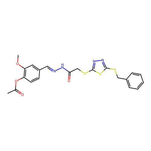 (E)-4-((2-(2-((5-(benzylthio)-1,3,4-thiadiazol-2-yl)thio)acetyl)hydrazono)methyl)-2-methoxyphenyl acetate structure