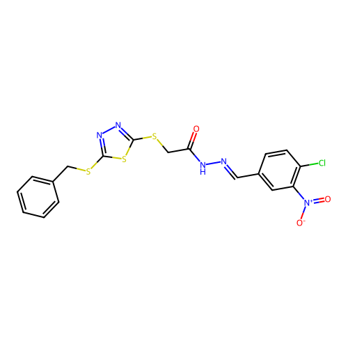 2-{[5-(benzylsulfanyl)-1,3,4-thiadiazol-2-yl]sulfanyl}-N'-[(E)-(4-chloro-3-nitrophenyl)methylidene]acetohydrazide structure