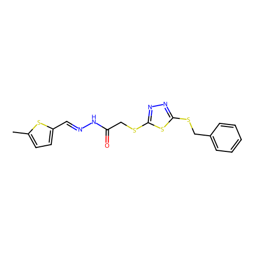 2-{[5-(benzylsulfanyl)-1,3,4-thiadiazol-2-yl]sulfanyl}-N'-[(E)-(5-methylthiophen-2-yl)methylidene]acetohydrazide structure