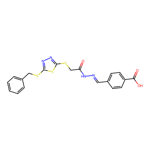 4-{(E)-[({[5-(benzylthio)-1,3,4-thiadiazol-2-yl]thio}acetyl)hydrazono]methyl}benzoic acid structure