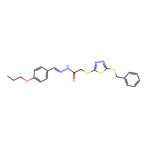 (E)-2-((5-(benzylthio)-1,3,4-thiadiazol-2-yl)thio)-N'-(4-propoxybenzylidene)acetohydrazide structure