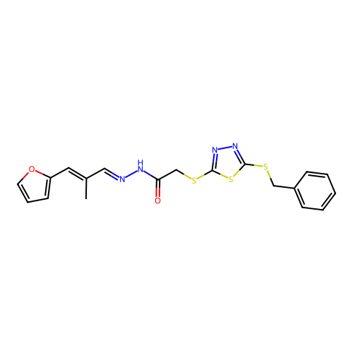 2-{[5-(benzylsulfanyl)-1,3,4-thiadiazol-2-yl]sulfanyl}-N'-[(1E,2E)-3-(furan-2-yl)-2-methylprop-2-en-1-ylidene]acetohydrazide structure