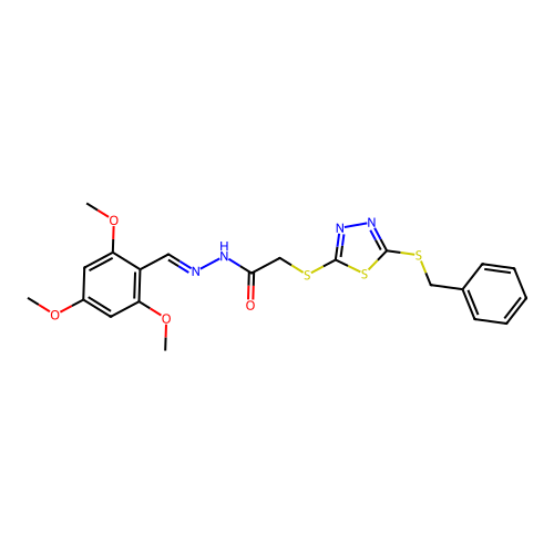 (E)-2-((5-(benzylthio)-1,3,4-thiadiazol-2-yl)thio)-N'-(2,4,6-trimethoxybenzylidene)acetohydrazide structure