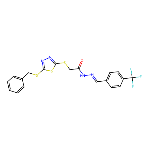 2-{[5-(benzylsulfanyl)-1,3,4-thiadiazol-2-yl]sulfanyl}-N'-{(E)-[4-(trifluoromethyl)phenyl]methylidene}acetohydrazide structure