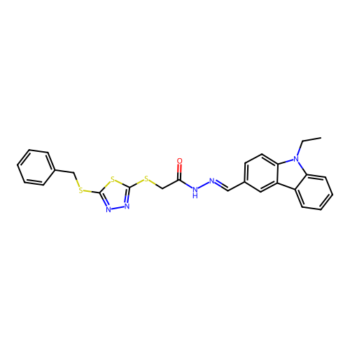 2-{[5-(benzylsulfanyl)-1,3,4-thiadiazol-2-yl]sulfanyl}-N'-[(E)-(9-ethyl-9H-carbazol-3-yl)methylidene]acetohydrazide structure
