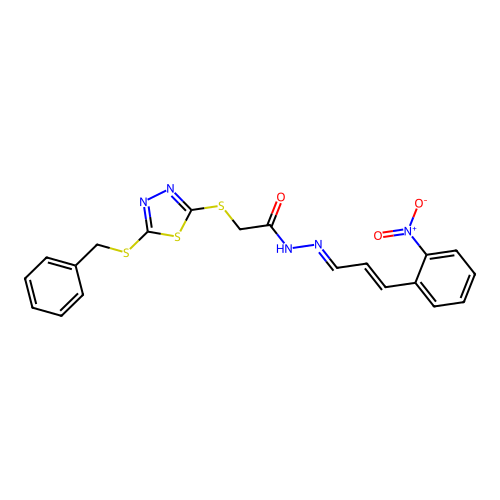 (5-Benzylsulfanyl-[1,3,4]thiadiazol-2-ylsulfanyl)-acetic acid [(E)-3-(2-nitro-phenyl)-prop-2-en-(E)-ylidene]-hydrazide structure