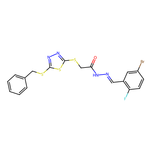 (E)-2-((5-(benzylthio)-1,3,4-thiadiazol-2-yl)thio)-N'-(5-bromo-2-fluorobenzylidene)acetohydrazide structure