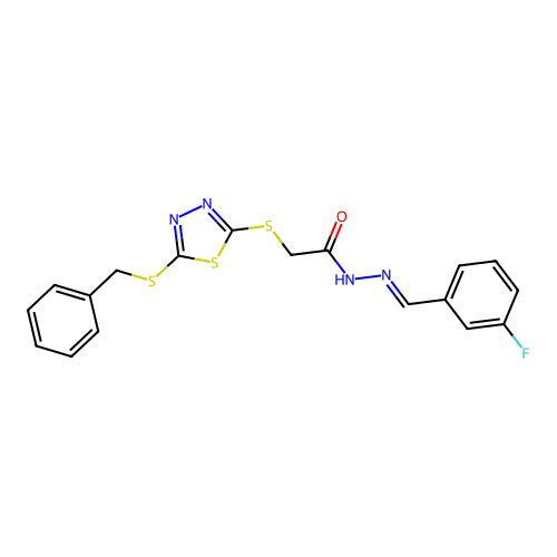 2-{[5-(benzylsulfanyl)-1,3,4-thiadiazol-2-yl]sulfanyl}-N'-[(E)-(3-fluorophenyl)methylidene]acetohydrazide structure