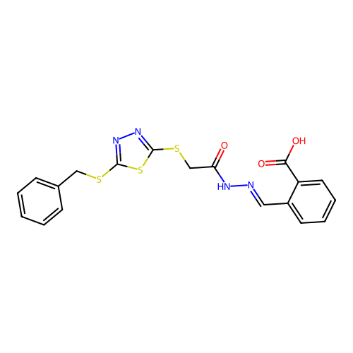 2-{(E)-[({[5-(benzylthio)-1,3,4-thiadiazol-2-yl]thio}acetyl)hydrazono]methyl}benzoic acid structure