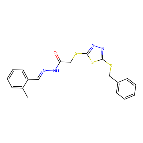 2-{[5-(benzylsulfanyl)-1,3,4-thiadiazol-2-yl]sulfanyl}-N'-[(E)-(2-methylphenyl)methylidene]acetohydrazide structure