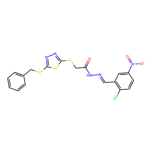 2-{[5-(benzylsulfanyl)-1,3,4-thiadiazol-2-yl]sulfanyl}-N'-[(E)-(2-chloro-5-nitrophenyl)methylidene]acetohydrazide structure
