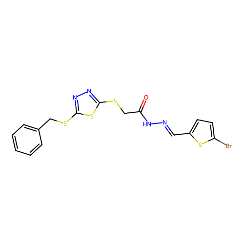 2-{[5-(benzylsulfanyl)-1,3,4-thiadiazol-2-yl]sulfanyl}-N'-[(E)-(5-bromothiophen-2-yl)methylidene]acetohydrazide structure