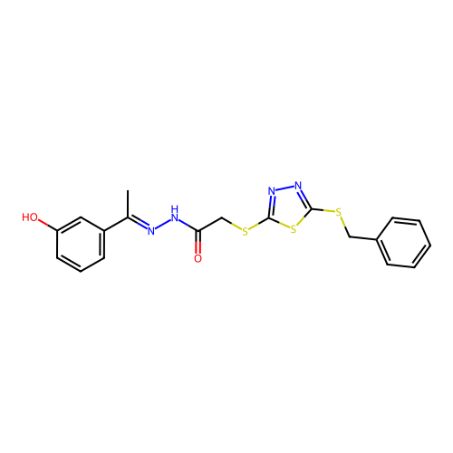 (E)-2-((5-(benzylthio)-1,3,4-thiadiazol-2-yl)thio)-N'-(1-(3-hydroxyphenyl)ethylidene)acetohydrazide structure