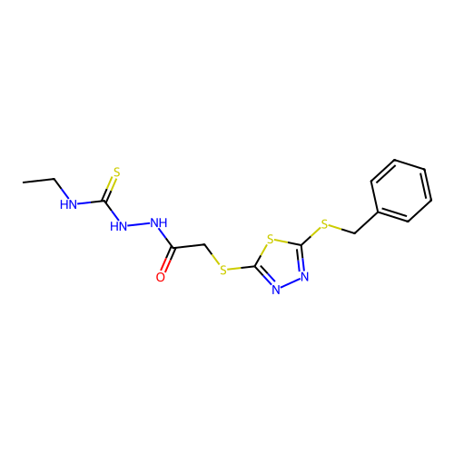 1-[[2-[(5-benzylsulfanyl-1,3,4-thiadiazol-2-yl)sulfanyl]acetyl]amino]-3-ethylthiourea structure