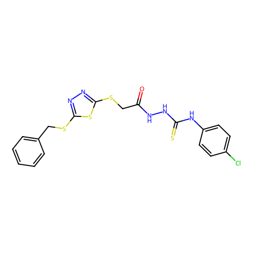 1-[[2-[(5-benzylsulfanyl-1,3,4-thiadiazol-2-yl)sulfanyl]acetyl]amino]-3-(4-chlorophenyl)thiourea structure