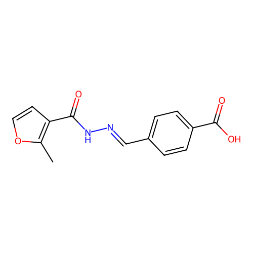 4-[(E)-{2-[(2-methylfuran-3-yl)carbonyl]hydrazinylidene}methyl]benzoic acid structure