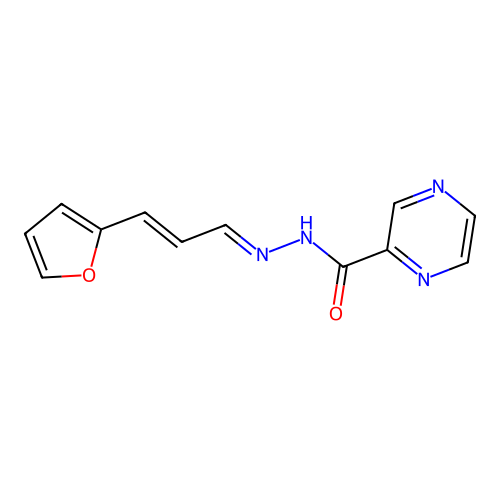 N-[(E)-[(E)-3-(furan-2-yl)prop-2-enylidene]amino]pyrazine-2-carboxamide structure
