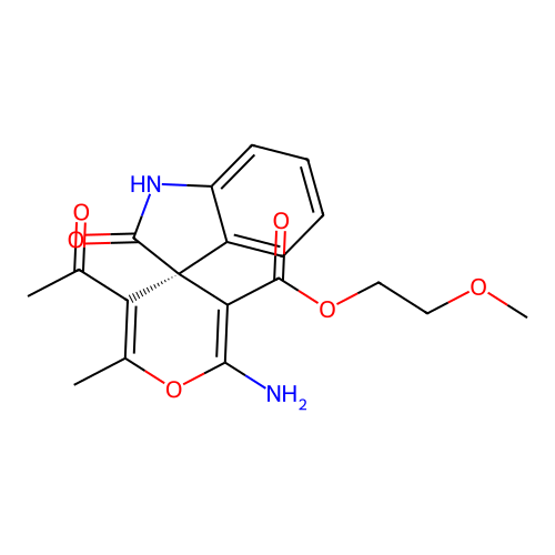 (R)-2-methoxyethyl 3'-acetyl-6'-amino-2'-methyl-2-oxospiro[indoline-3,4'-pyran]-5'-carboxylate structure