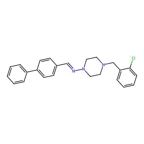 N-[(E)-biphenyl-4-ylmethylidene]-4-(2-chlorobenzyl)piperazin-1-amine structure