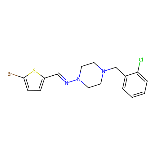 N-[(E)-(5-bromothiophen-2-yl)methylidene]-4-(2-chlorobenzyl)piperazin-1-amine structure