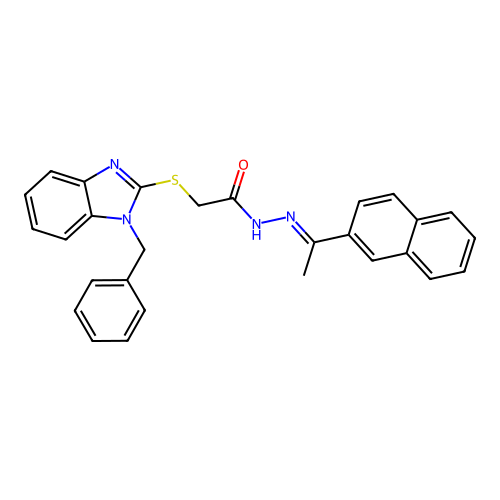 2-[(1-benzyl-1H-benzimidazol-2-yl)sulfanyl]-N'-[(1E)-1-(naphthalen-2-yl)ethylidene]acetohydrazide structure