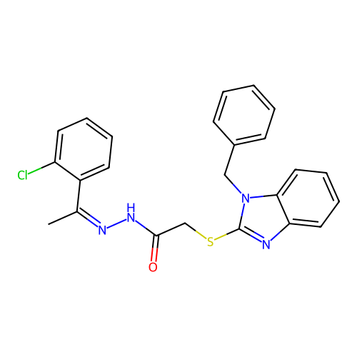 2-(1-benzylbenzimidazol-2-yl)sulfanyl-N-[(Z)-1-(2-chlorophenyl)ethylideneamino]acetamide structure