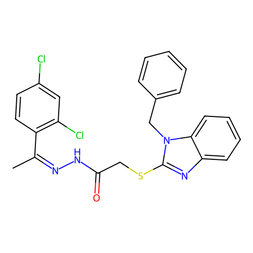 (Z)-2-((1-benzyl-1H-benzo[d]imidazol-2-yl)thio)-N'-(1-(2,4-dichlorophenyl)ethylidene)acetohydrazide structure