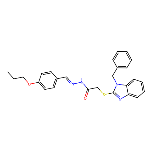 (E)-2-((1-benzyl-1H-benzo[d]imidazol-2-yl)thio)-N'-(4-propoxybenzylidene)acetohydrazide structure