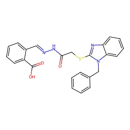 2-[(E)-(2-{[(1-benzyl-1H-benzimidazol-2-yl)sulfanyl]acetyl}hydrazinylidene)methyl]benzoic acid structure