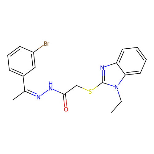 N-[(Z)-1-(3-bromophenyl)ethylideneamino]-2-(1-ethylbenzimidazol-2-yl)sulfanylacetamide structure