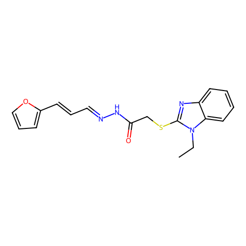 (1-Ethyl-1H-benzoimidazol-2-ylsulfanyl)-acetic acid [(E)-3-furan-2-yl-prop-2-en-(E)-ylidene]-hydrazide structure