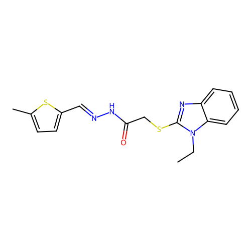 N-[(1E)-2-(5-methyl(2-thienyl))-1-azavinyl]-2-(1-ethylbenzimidazol-2-ylthio)ac etamide structure