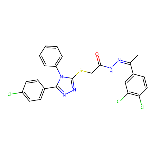 (Z)-2-((5-(4-chlorophenyl)-4-phenyl-4H-1,2,4-triazol-3-yl)thio)-N'-(1-(3,4-dichlorophenyl)ethylidene)acetohydrazide structure