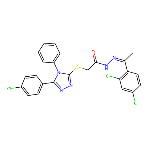 (Z)-2-((5-(4-chlorophenyl)-4-phenyl-4H-1,2,4-triazol-3-yl)thio)-N'-(1-(2,4-dichlorophenyl)ethylidene)acetohydrazide structure