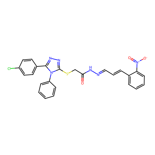 (E)-2-((5-(4-chlorophenyl)-4-phenyl-4H-1,2,4-triazol-3-yl)thio)-N'-((E)-3-(2-nitrophenyl)allylidene)acetohydrazide structure