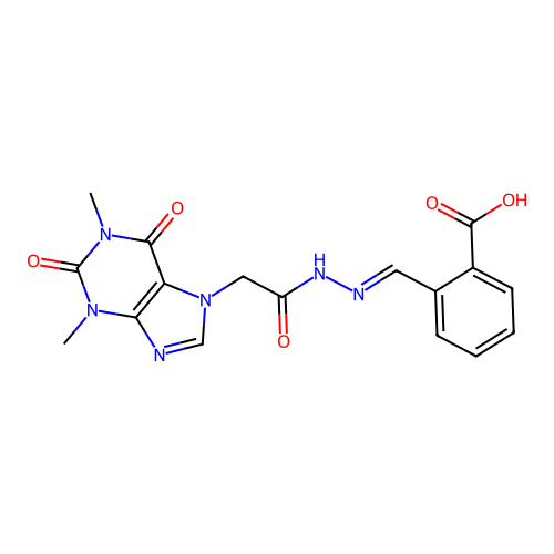 2-[(E)-{2-[(1,3-dimethyl-2,6-dioxo-1,2,3,6-tetrahydro-7H-purin-7-yl)acetyl]hydrazinylidene}methyl]benzoic acid structure