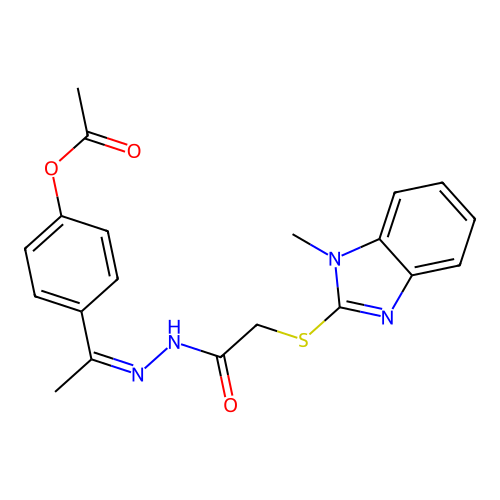 (Z)-4-(1-(2-(2-((1-methyl-1H-benzo[d]imidazol-2-yl)thio)acetyl)hydrazono)ethyl)phenyl acetate structure