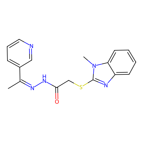 2-(1-methylbenzimidazol-2-yl)sulfanyl-N-[(Z)-1-pyridin-3-ylethylideneamino]acetamide structure